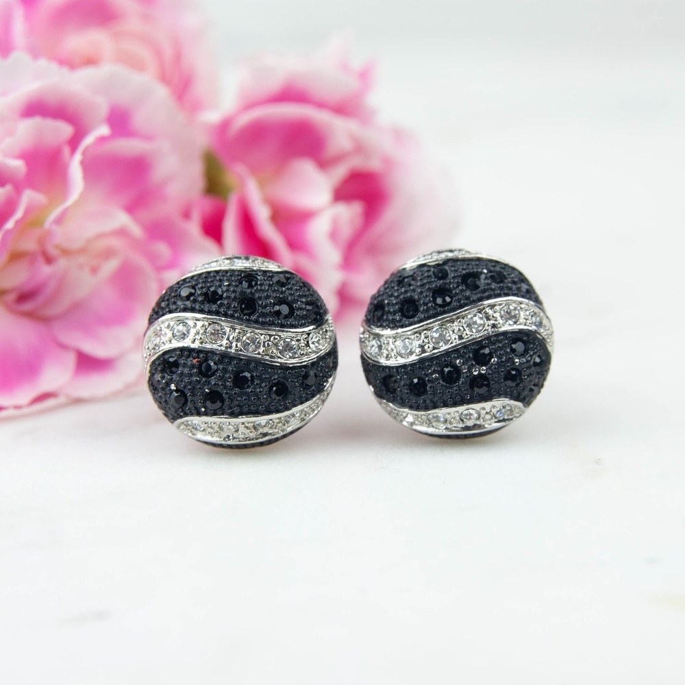 Black & White Crystal "Button" Clip-On Earrings